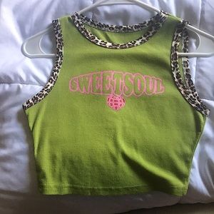 Size Small Green “SWEETSOUL” Tank Top With Cheetah Print Trim.